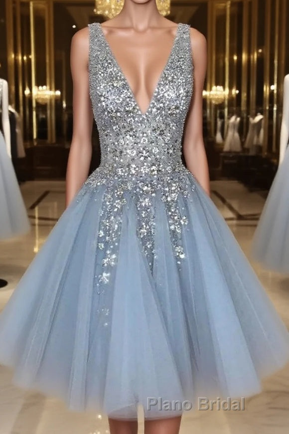 Blue v neck tulle sequin short Formal Prom dress, blue homecoming dress Main image