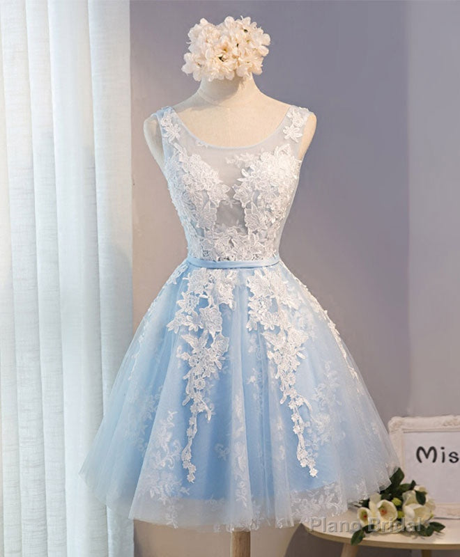 Blue V Neck Tulle Short Prom Dress, Blue Homecoming Dresses Secondary image