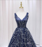 Blue V-neckline Lace Tulle Floor Length Party Dresses, Blue Formal Prom Dresses Formal Dresses