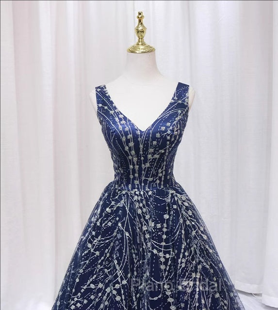 Blue V-neckline Lace Tulle Floor Length Party Dresses, Blue Formal Prom Dresses Formal Dresses Secondary image