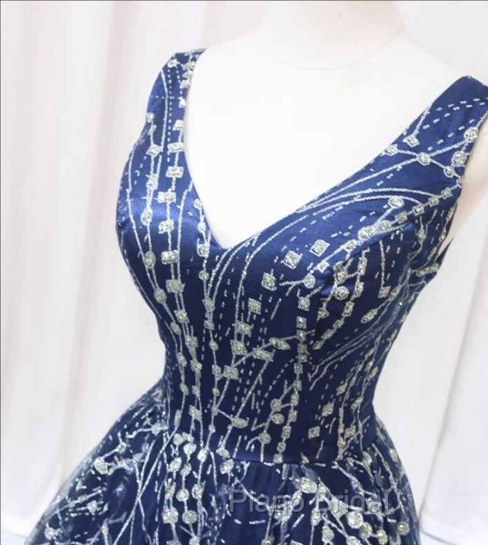 Blue V-neckline Lace Tulle Floor Length Party Dresses, Blue Formal Prom Dresses Formal Dresses