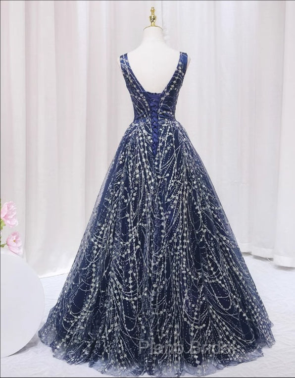 Blue V-neckline Lace Tulle Floor Length Party Dresses, Blue Formal Prom Dresses Formal Dresses