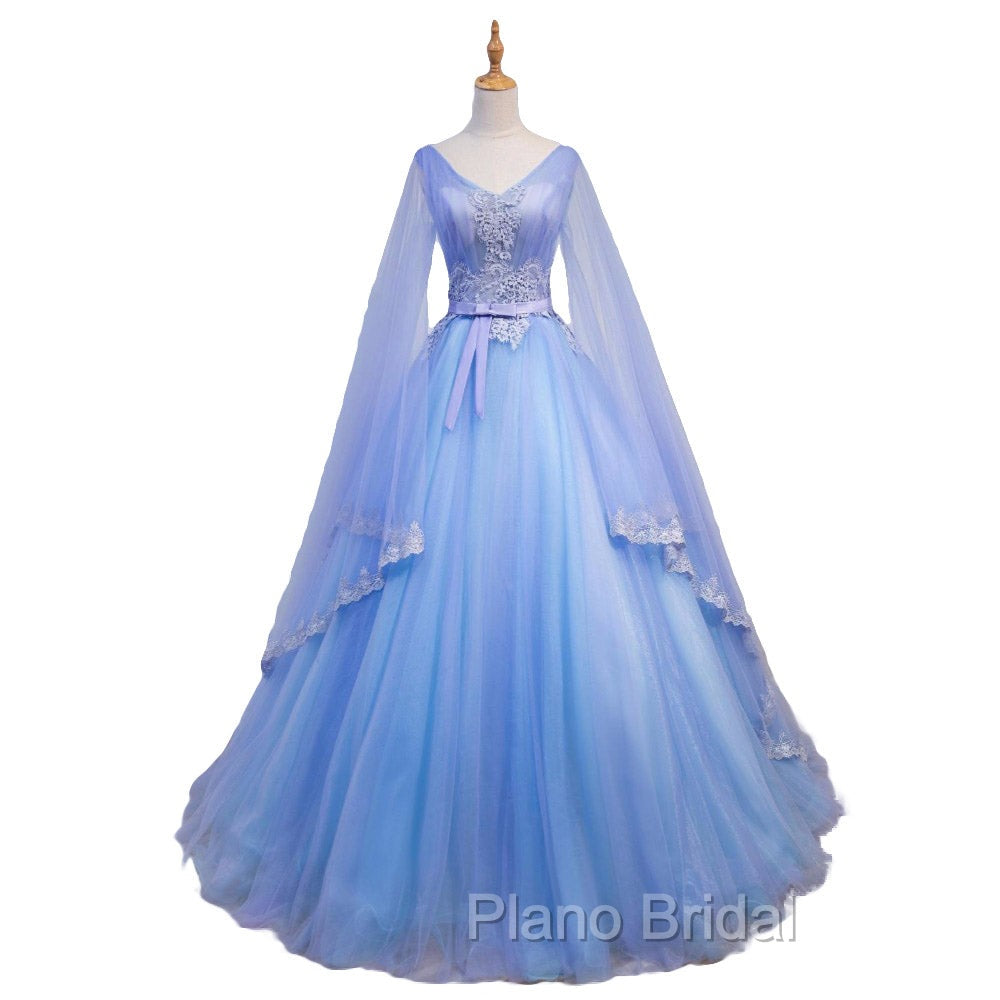 Blue V-neckline Formal Prom Dresses with Long Sleeves, Lace Applique Party Dresses For Teen