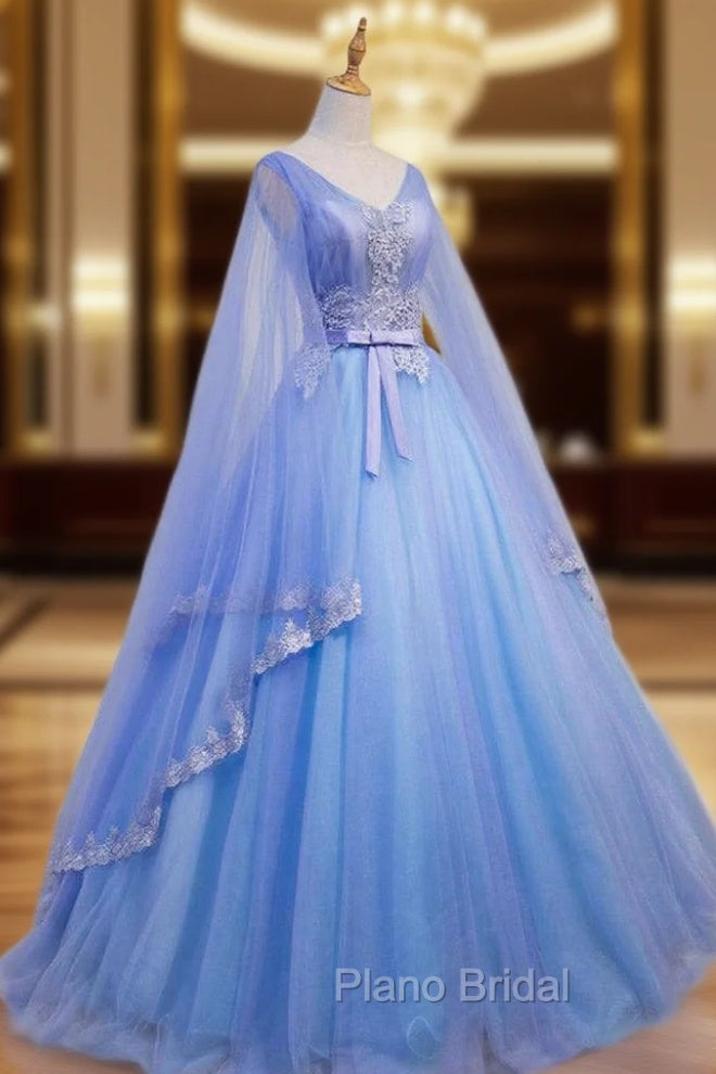 Blue V-neckline Formal Prom Dresses with Long Sleeves, Lace Applique Party Dresses For Teen Main image