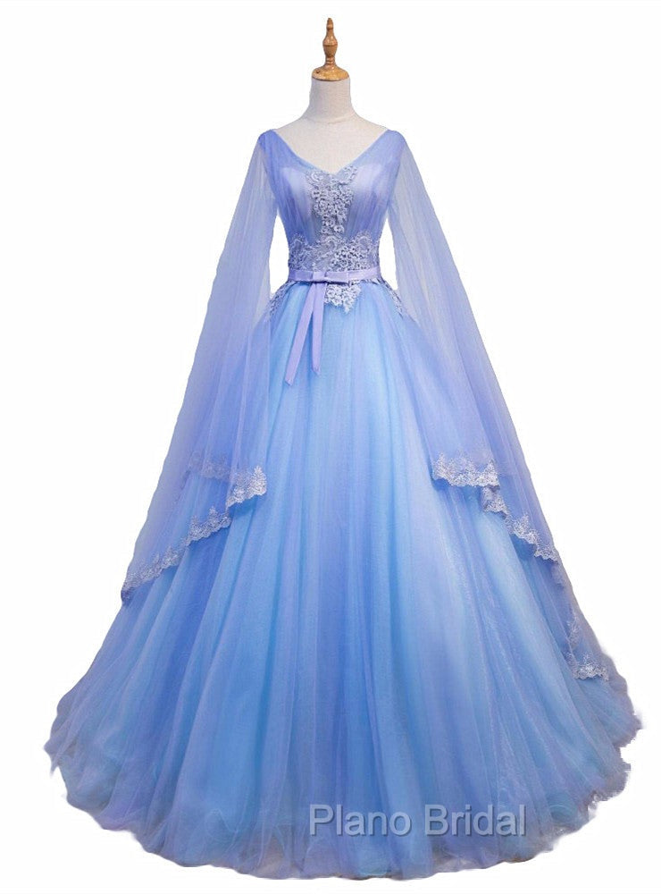 Blue V-neckline Formal Prom Dresses with Long Sleeves, Lace Applique Party Dresses For Teen