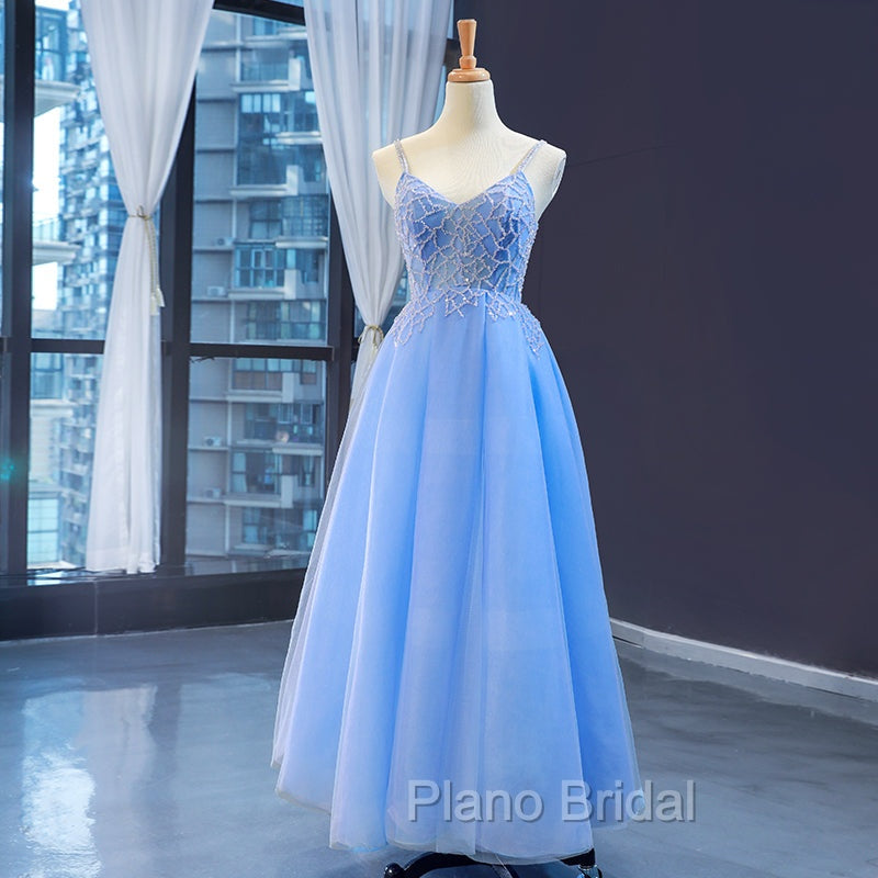 Blue V-neckline Tulle Beaded Long Straps Beaded Dresses, Blue Fashionable Formal Dresses Formal Prom Dresses