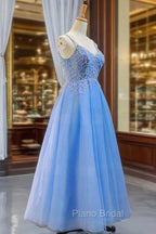 Blue V-neckline Tulle Beaded Long Straps Beaded Dresses, Blue Fashionable Formal Dresses Formal Prom Dresses