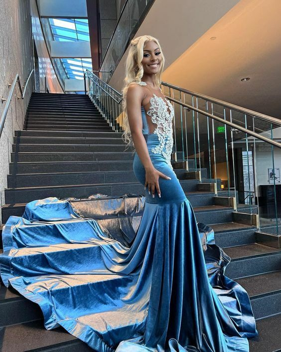 Blue Velvet Appliques Bead Meemaid Long Formal Prom Dresses Formal Evening Dresses Secondary image