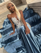 Blue Velvet Appliques Bead Meemaid Long Formal Prom Dresses Formal Evening Dresses