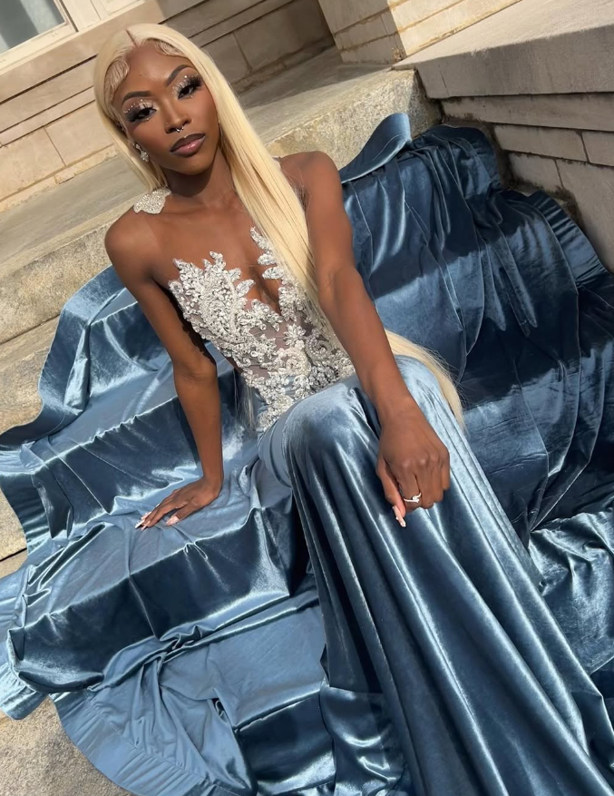 Blue Velvet Appliques Bead Meemaid Long Formal Prom Dresses Formal Evening Dresses