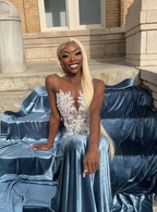 Blue Velvet Appliques Bead Meemaid Long Formal Prom Dresses Formal Evening Dresses