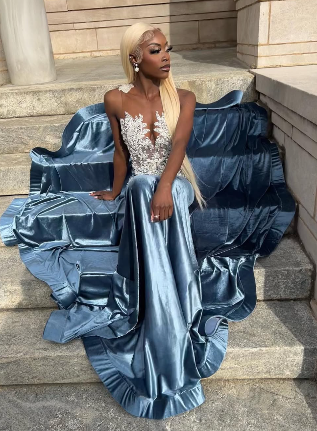 Blue Velvet Appliques Bead Meemaid Long Formal Prom Dresses Formal Evening Dresses