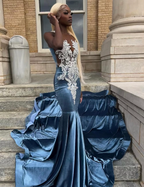 Blue Velvet Appliques Bead Meemaid Long Formal Prom Dresses Formal Evening Dresses