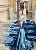 Blue Velvet Appliques Bead Meemaid Long Formal Prom Dresses Formal Evening Dresses