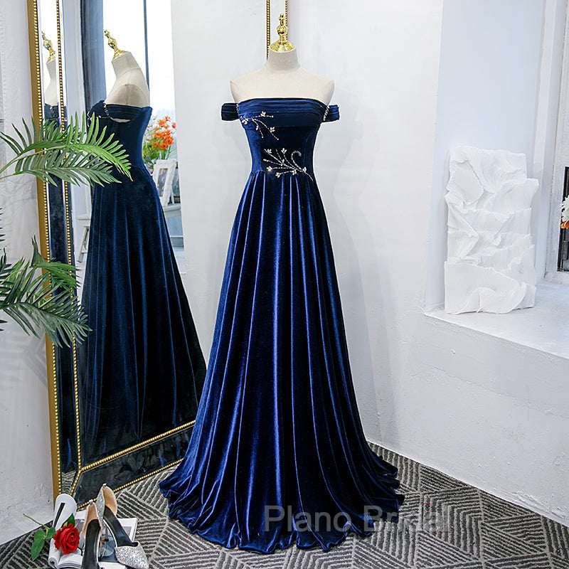 Blue Velvet Beaded Elegant Off Shoulder Evening Dresses, Blue Long Formal Prom Dresses Party Dresses Secondary image