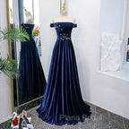 Blue Velvet Beaded Elegant Off Shoulder Evening Dresses, Blue Long Formal Prom Dresses Party Dresses