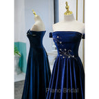 Blue Velvet Beaded Elegant Off Shoulder Evening Dresses, Blue Long Formal Prom Dresses Party Dresses