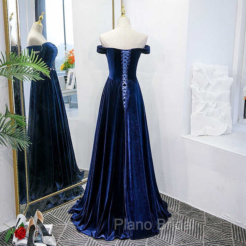 Blue Velvet Beaded Elegant Off Shoulder Evening Dresses, Blue Long Formal Prom Dresses Party Dresses