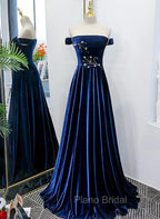 Blue Velvet Beaded Elegant Off Shoulder Evening Dresses, Blue Long Formal Prom Dresses Party Dresses