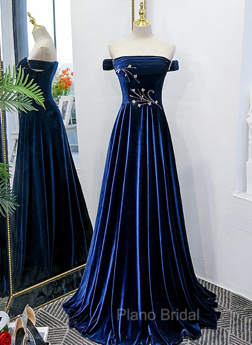 Blue Velvet Beaded Elegant Off Shoulder Evening Dresses, Blue Long Formal Prom Dresses Party Dresses