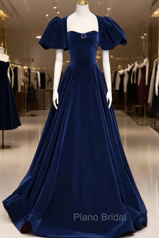 Blue Velvet Floor Length Formal Prom Dresses, Elegant Short Sleeve Evening Party Dresses Main image
