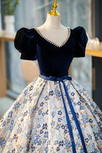 Blue Velvet Floor Length Formal Prom Dresses with Short Sleeve, Blue V-Neck Formal Evening Dresses