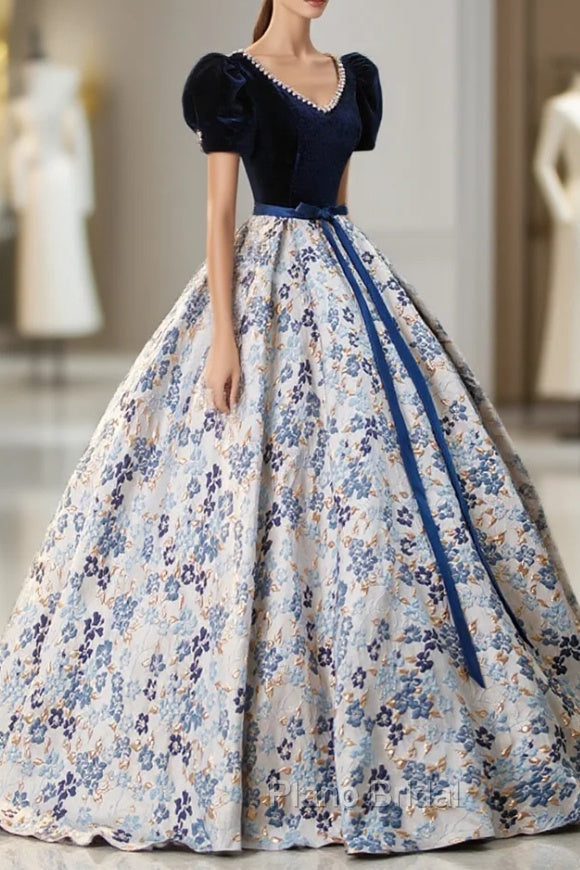 Blue Velvet Floor Length Formal Prom Dresses with Short Sleeve, Blue V-Neck Formal Evening Dresses