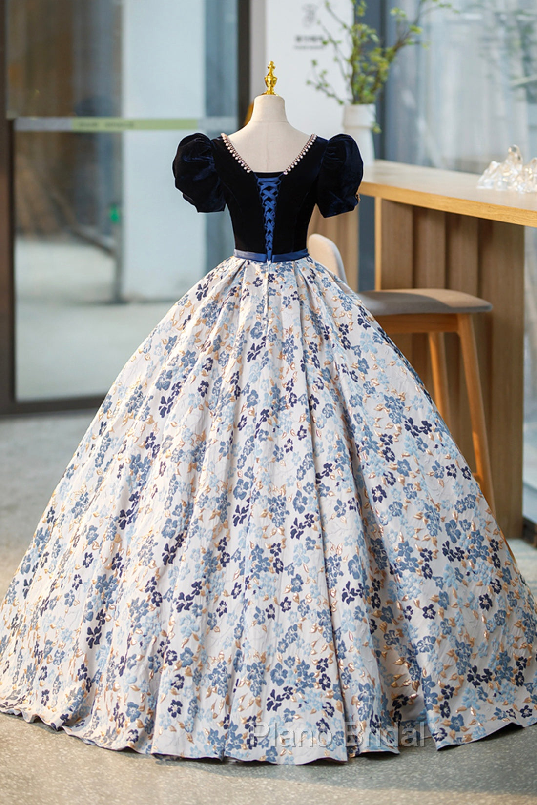 Blue Velvet Floor Length Formal Prom Dresses with Short Sleeve, Blue V-Neck Formal Evening Dresses