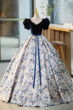 Blue Velvet Floor Length Formal Prom Dresses with Short Sleeve, Blue V-Neck Formal Evening Dresses