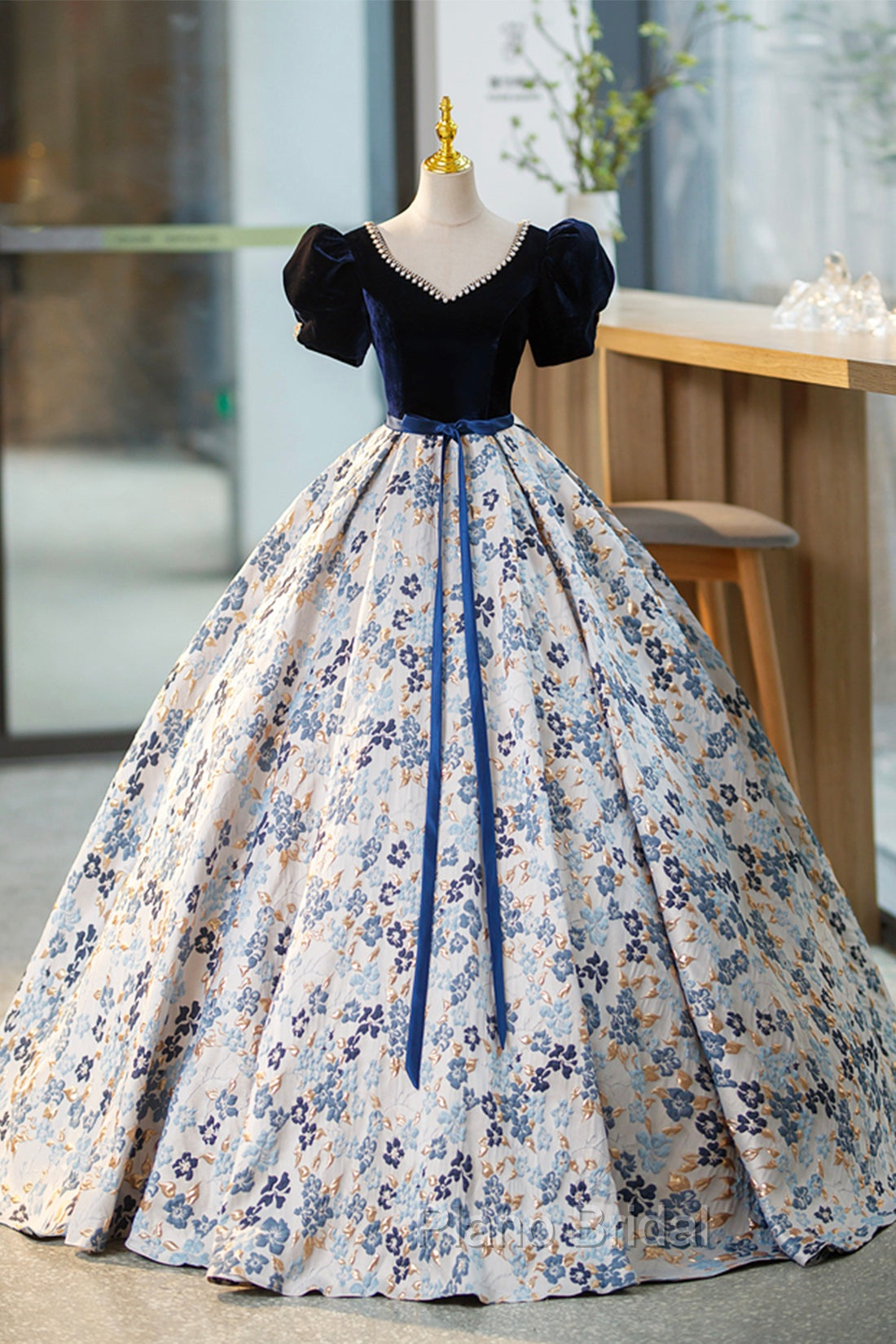 Blue Velvet Floor Length Formal Prom Dresses with Short Sleeve, Blue V-Neck Formal Evening Dresses