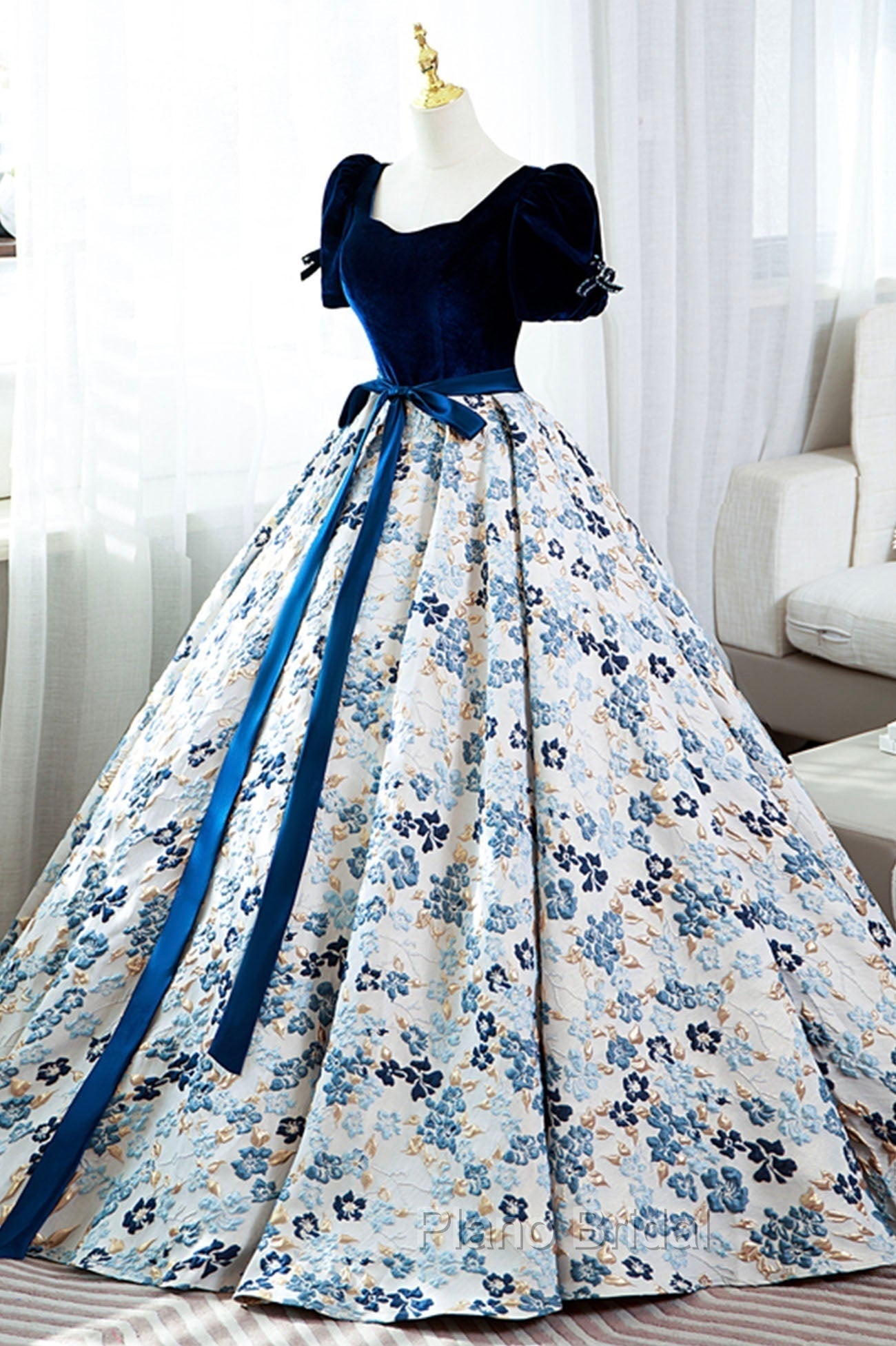 Blue Velvet Floral Long Ball Gown, A-Line Short Sleeve Formal Evening Dresses