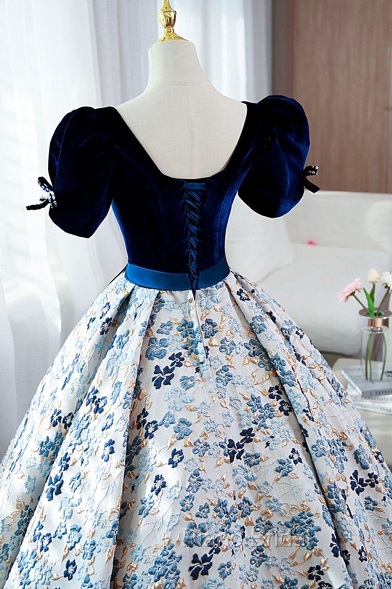 Blue Velvet Floral Long Ball Gown, A-Line Short Sleeve Formal Evening Dresses