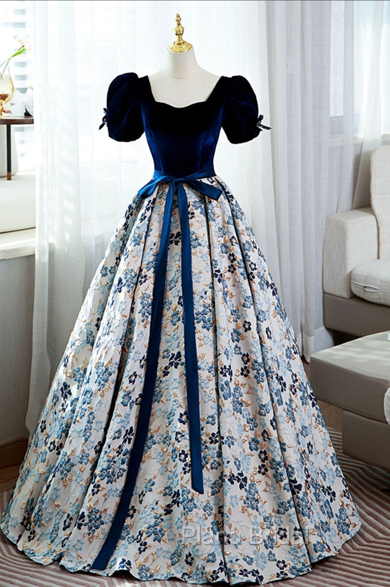 Blue Velvet Floral Long Ball Gown, A-Line Short Sleeve Formal Evening Dresses