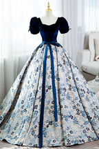 Blue Velvet Floral Long Ball Gown, A-Line Short Sleeve Formal Evening Dresses