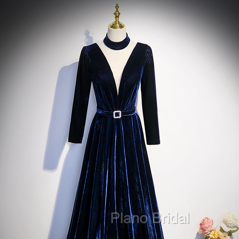 Blue Velvet Long Sleeves Floor Length Wedding Party Dresses, Blue Formal Gown Secondary image