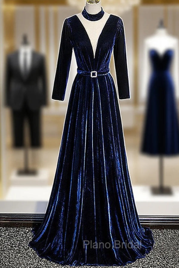 Blue Velvet Long Sleeves Floor Length Wedding Party Dresses, Blue Formal Gown