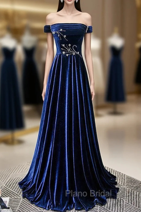 Blue Velvet Off the Shoulder Beading Pleats Formal Prom Dresses Main image