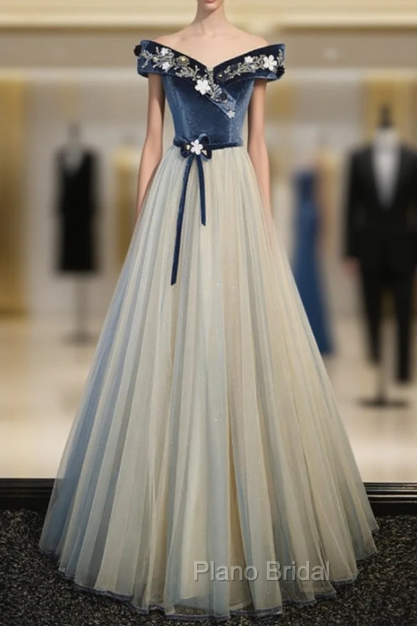 Blue Velvet Off the Shoulder Beading Formal Prom Dresses