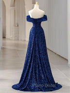 Blue Velvet Sequin Long Formal Prom Dresses, Blue Formal Dresses