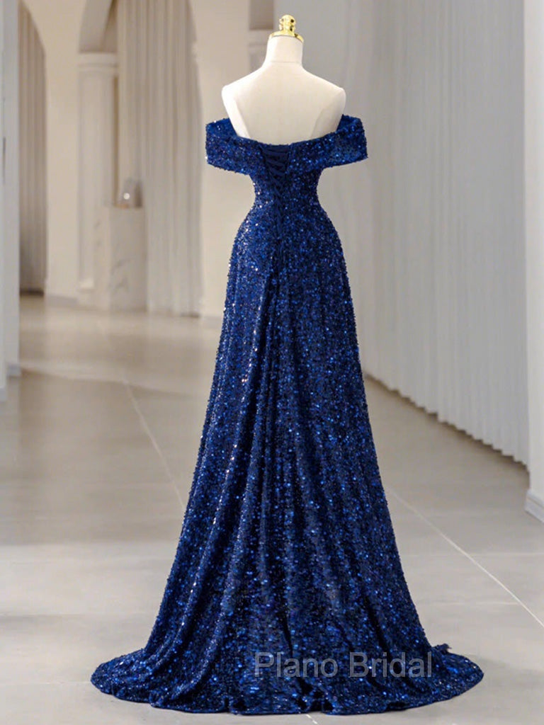 Blue Velvet Sequin Long Formal Prom Dresses, Blue Formal Dresses