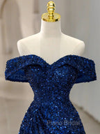Blue Velvet Sequin Long Formal Prom Dresses, Blue Formal Dresses