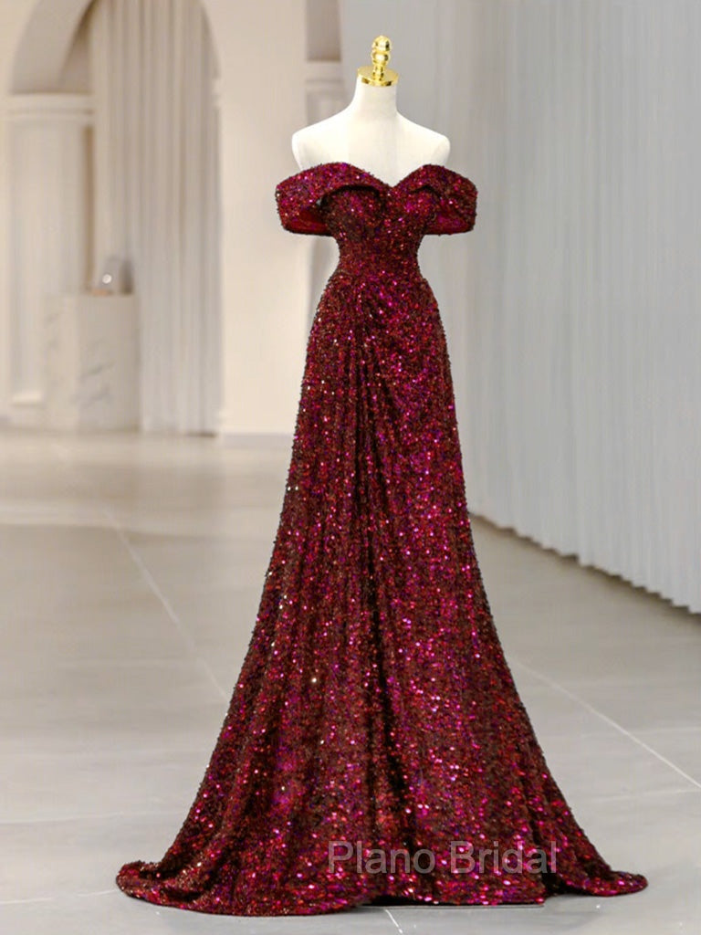 Blue Velvet Sequin Long Formal Prom Dresses, Blue Formal Dresses
