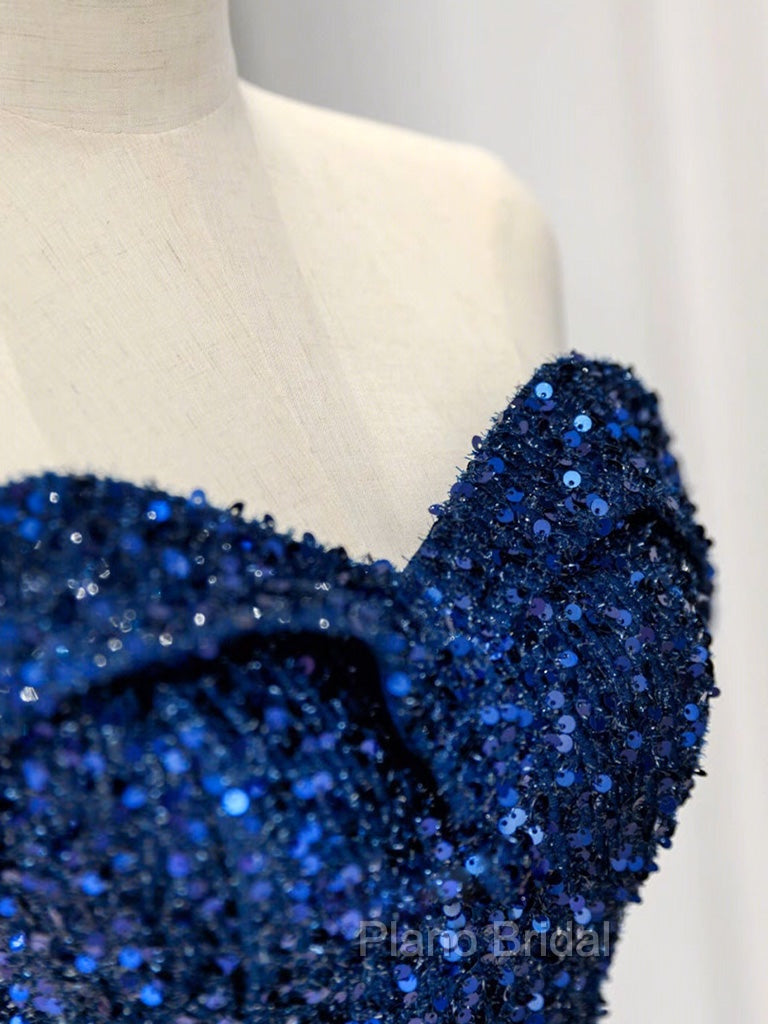 Blue Velvet Sequin Long Formal Prom Dresses, Blue Formal Dresses