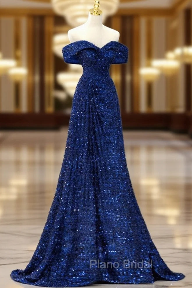 Blue Velvet Sequin Long Formal Prom Dresses, Blue Formal Dresses