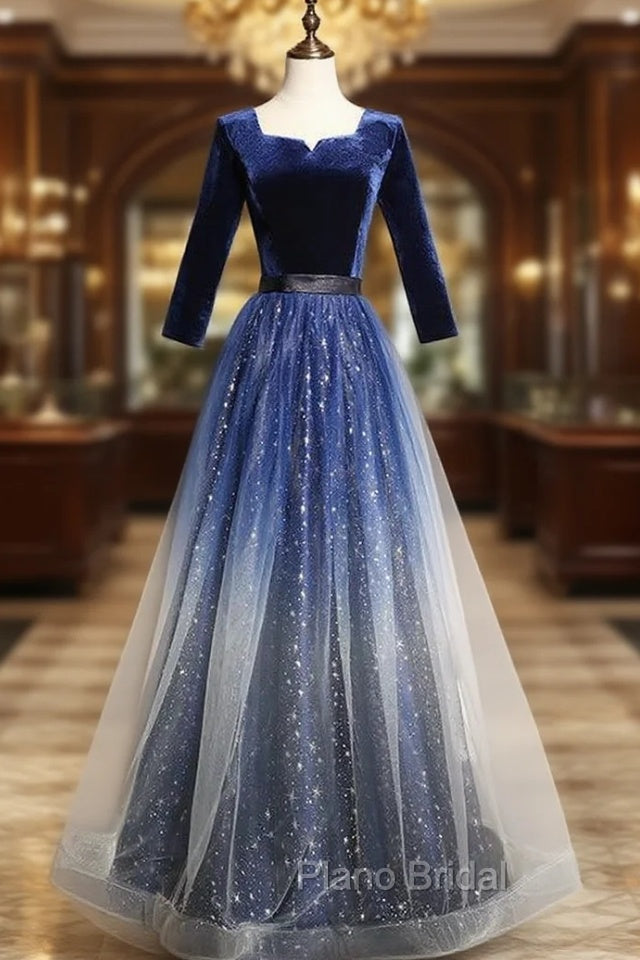Blue Velvet Sequins Short Sleeve Formal Prom Dresses Main image