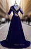 Blue Velvet Short Sleeve High Neck Appliques Formal Prom Dresses