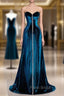 Blue Velvet Strapless Beading Formal Prom Dresses
