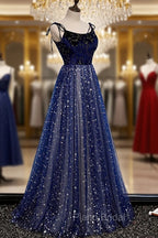 Blue Velvet Tulle Long A-Line Formal Prom Dresses, Blue Spaghetti Straps Evening Dresses
