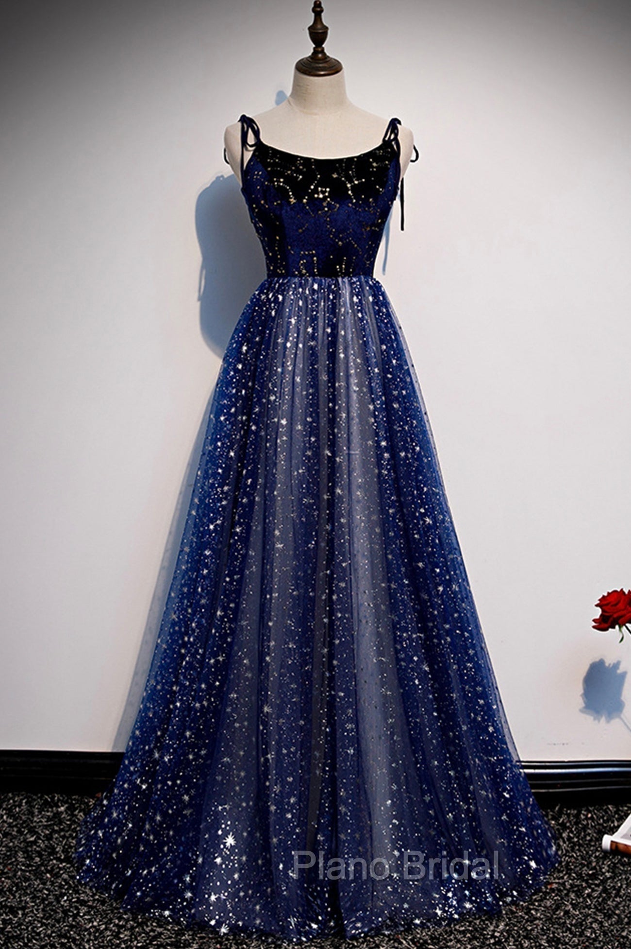 Blue Velvet Tulle Long A-Line Formal Prom Dresses, Blue Spaghetti Straps Evening Dresses Main image