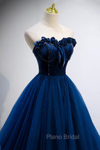 Blue Velvet Tulle Long A-Line Formal Prom Dresses, Blue Strapless Formal Evening Dresses